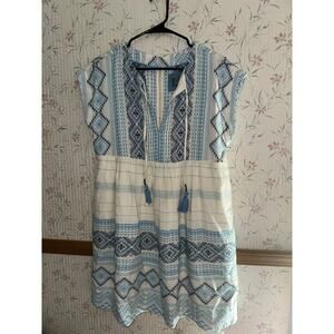 By Anthropologie Blue White Embroidered Boho Peasant Tassel Tunic Mini Dress 👗